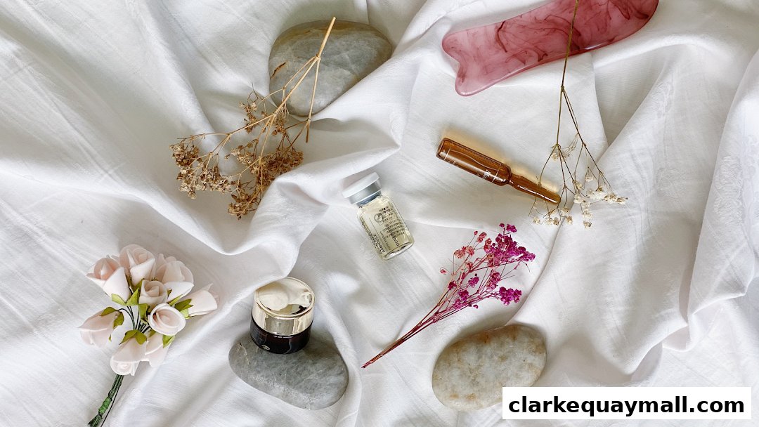 A flat lay of beauty products including a gua sha, serum, cream, and dried flowers on white fabric.