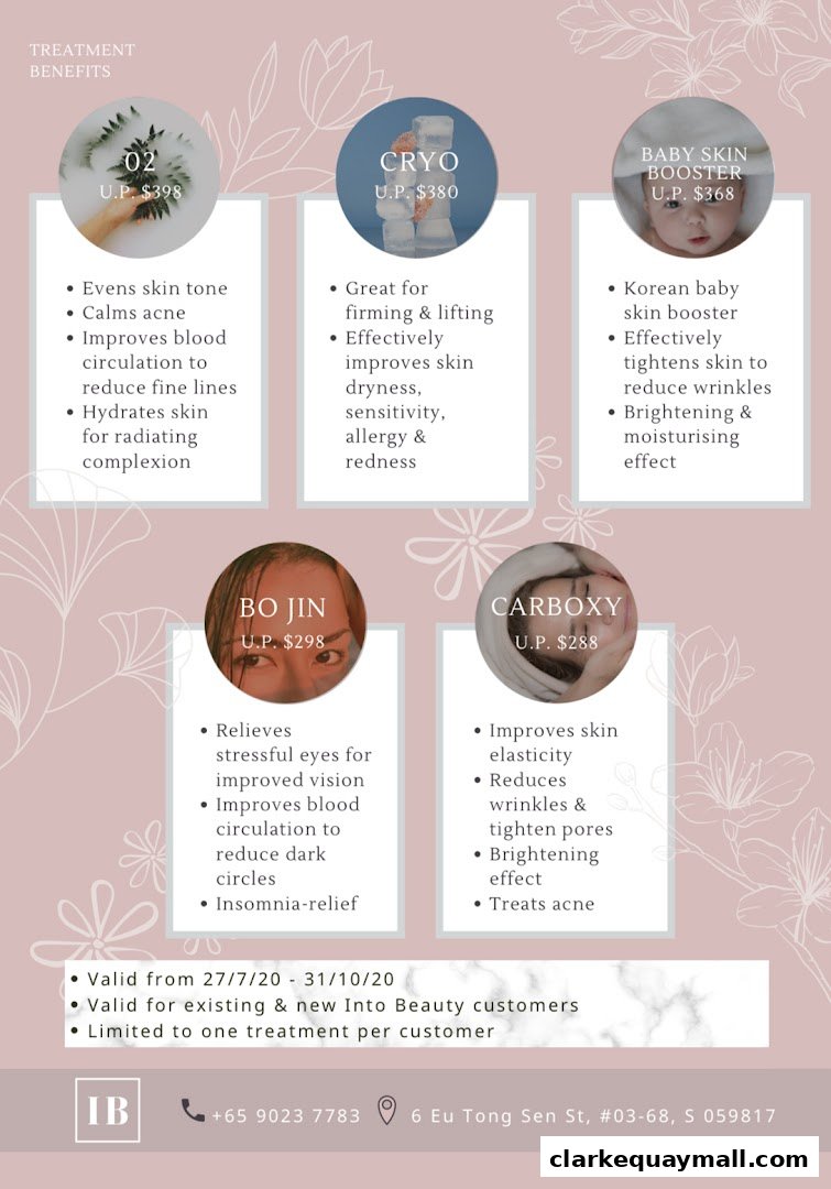 A promotional flyer detailing various beauty treatments and their benefits.
