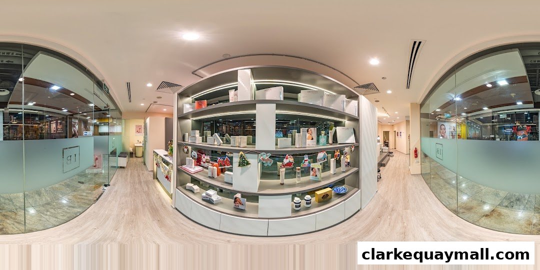 Interior view of a beauty shop with shelves displaying skincare products and festive decorations.