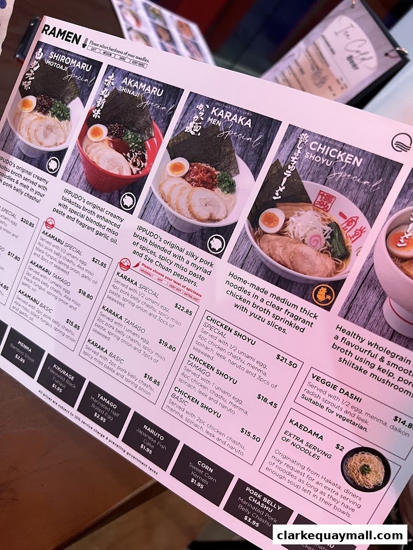 A menu featuring various ramen dishes with descriptions and prices.