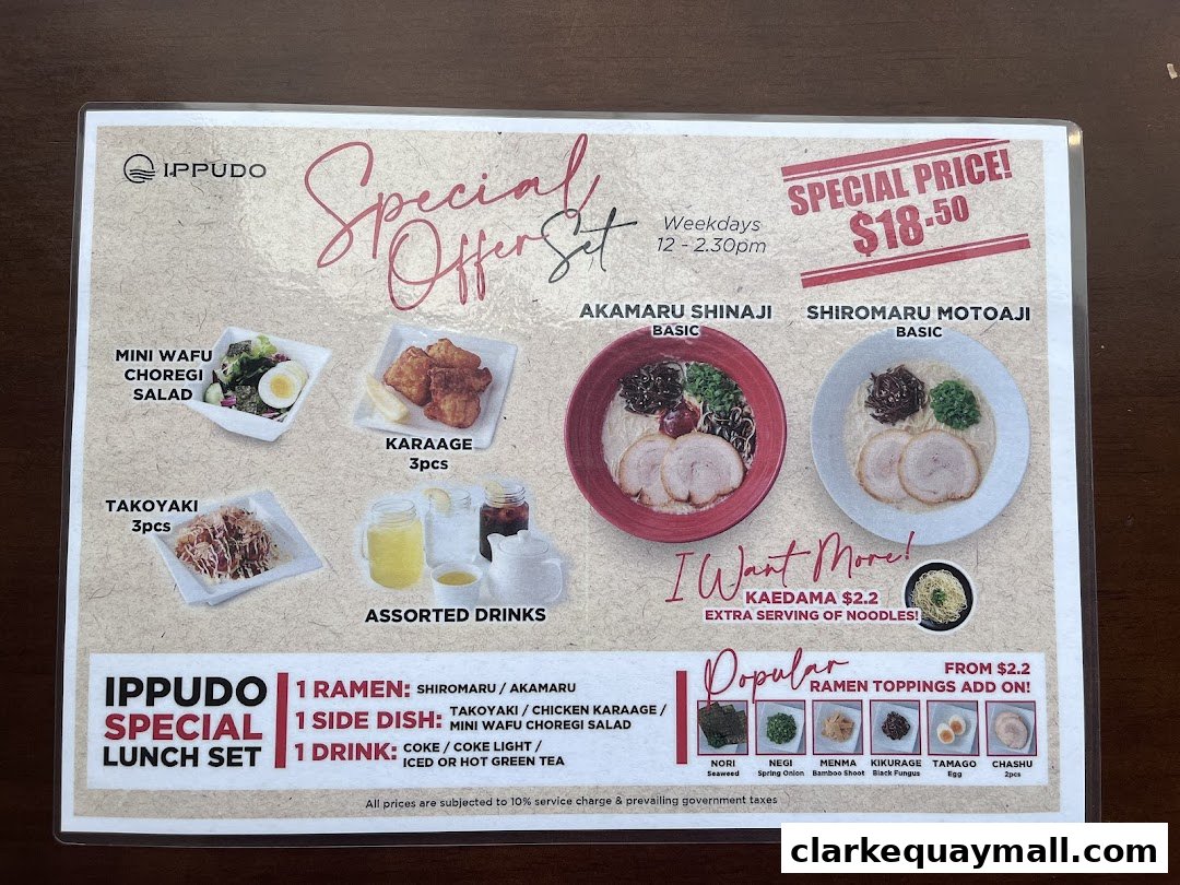 A menu from IPPUDO featuring special offer sets, ramen, sides, drinks, and popular toppings.