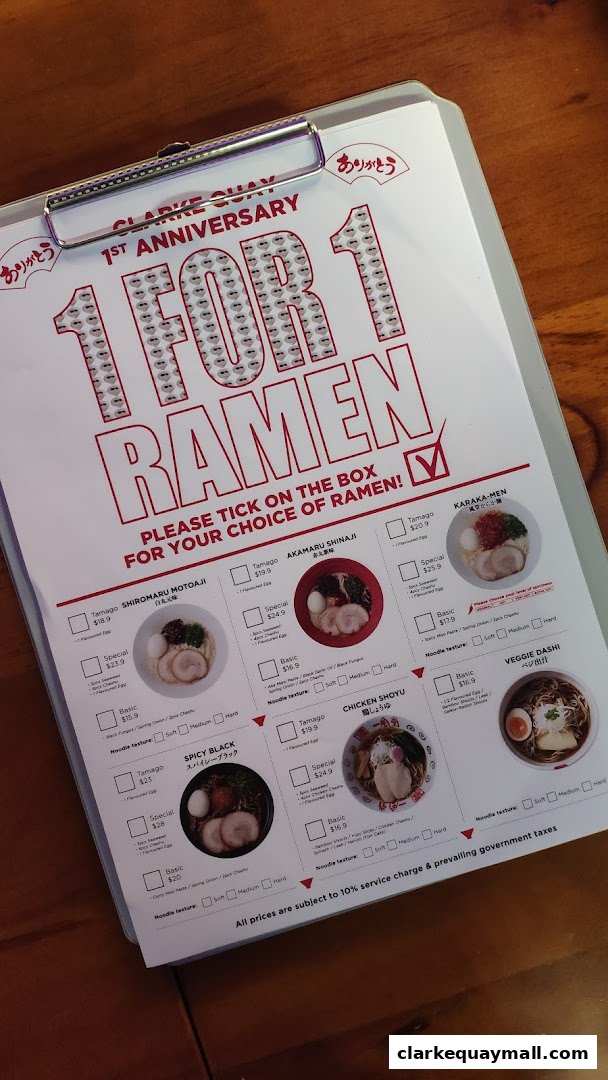A menu offering 1-for-1 ramen deals for IPPUDO Clarke Quay's 1st anniversary.
