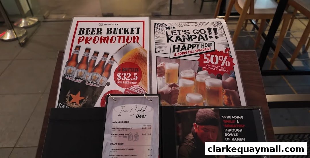 Promotional flyers for beer bucket deals and happy hour at Ippudo.