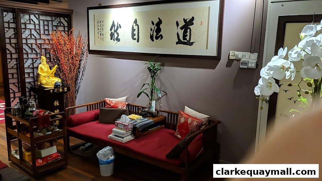 Interior of J-Sun Health Management with a golden statue, calligraphy, and a red couch.
