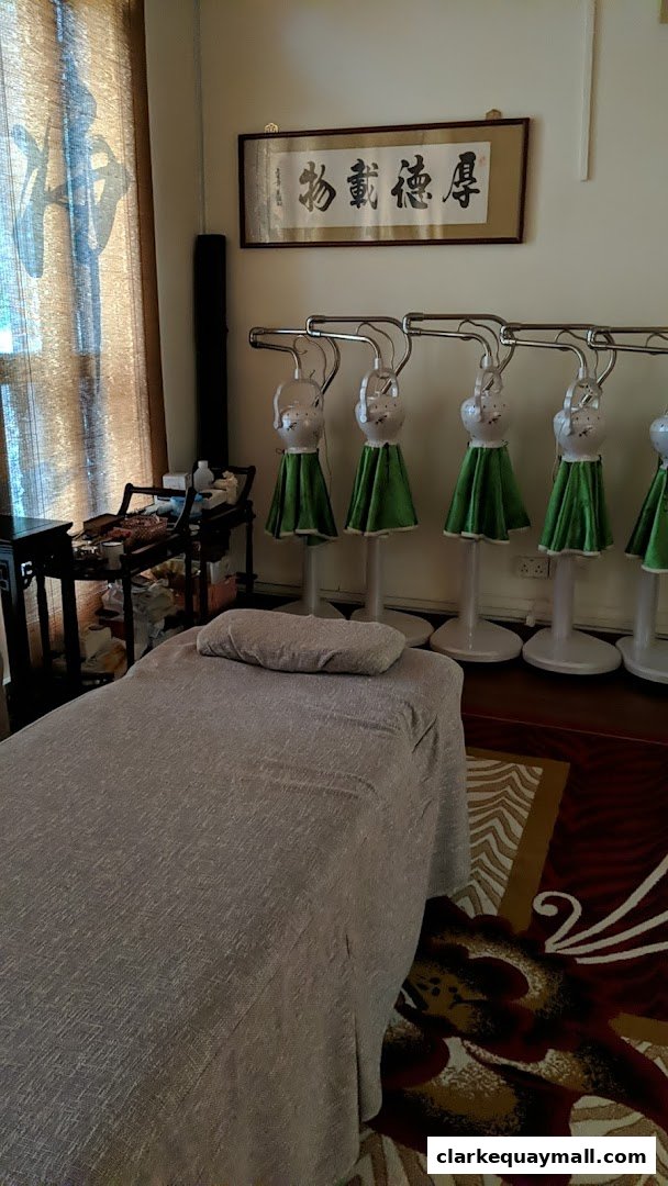 A treatment room with a massage bed, decorative items, and health equipment.
