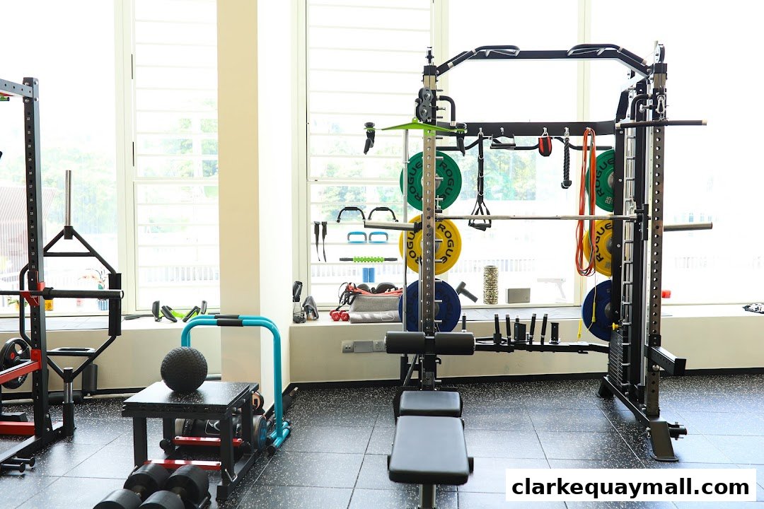 A well-equipped gym interior with weight racks, benches, and various fitness accessories.