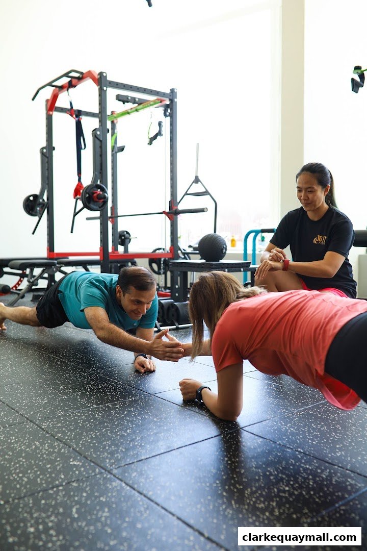 A trainer guides two clients through a plank exercise in a well-equipped gym.