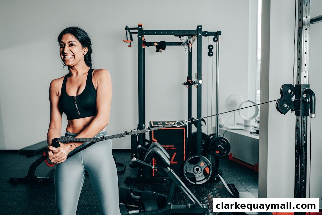 A woman is smiling while performing a cable exercise in a gym.