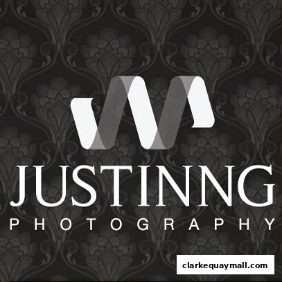 A logo for Justinng Photography with a stylized 'W' and a damask pattern background.