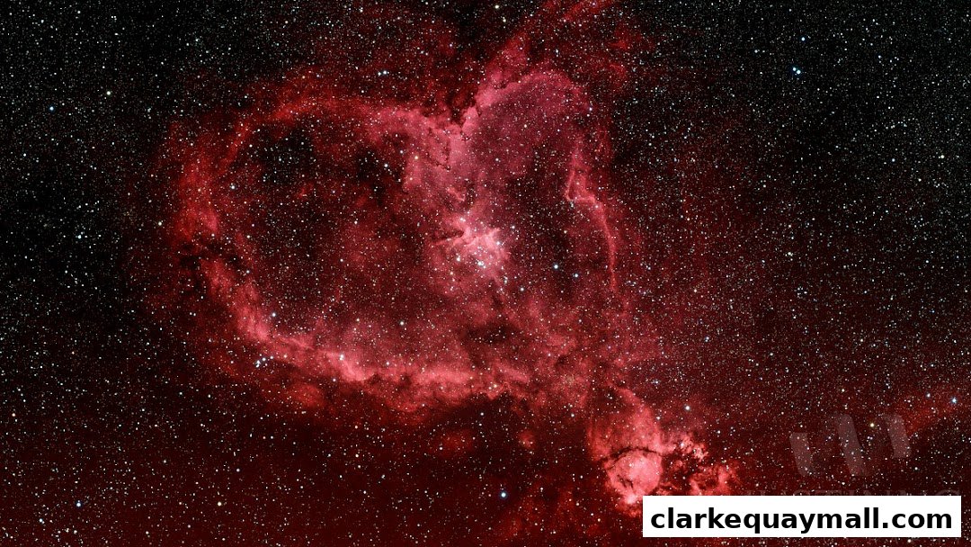 A stunning image of the Heart Nebula in deep space, showcasing vibrant red gas clouds and countless stars.