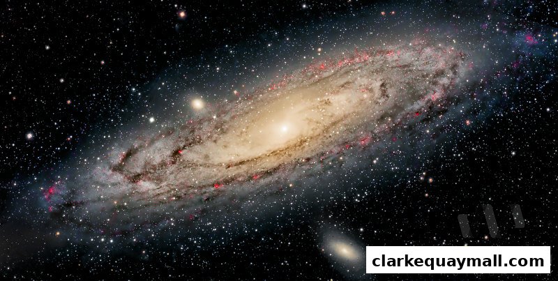 A stunning panoramic view of the Andromeda Galaxy, showcasing its spiral arms and bright core.