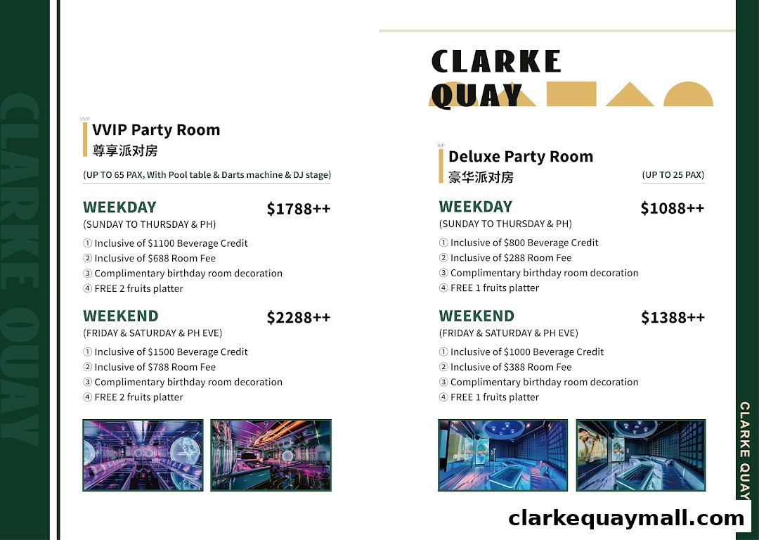 A price list for VVIP and Deluxe Party Rooms at Clarke Quay, detailing weekday and weekend packages.