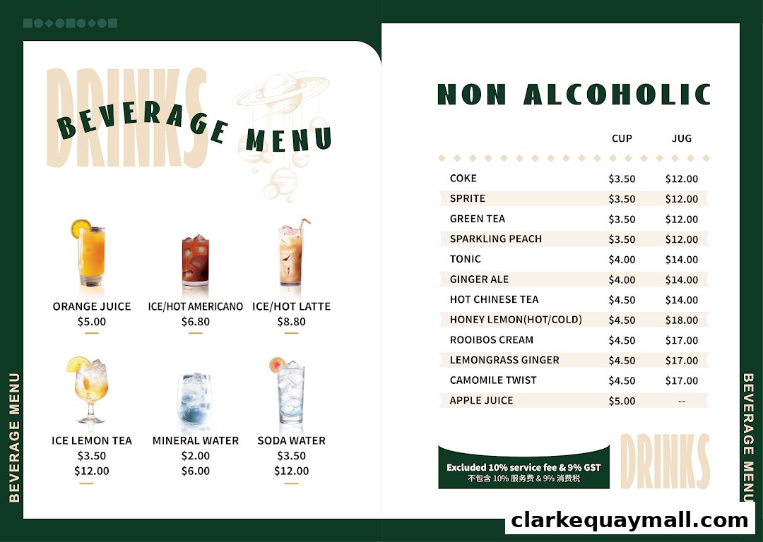 A beverage menu featuring various non-alcoholic drinks with prices for cup and jug servings.