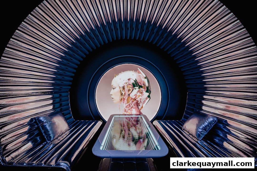 Futuristic interior with a cyborg-like figure and sleek seating.