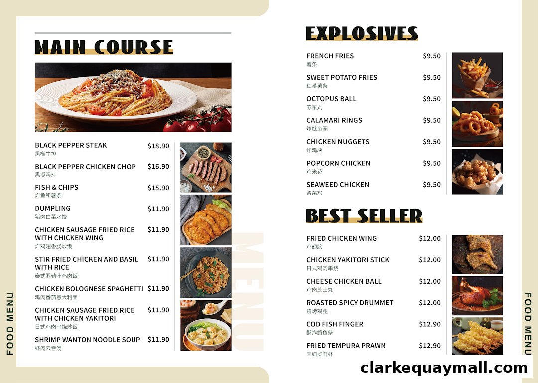 A food menu with categories like Main Course, Explosives, and Best Seller, featuring various dishes and prices.