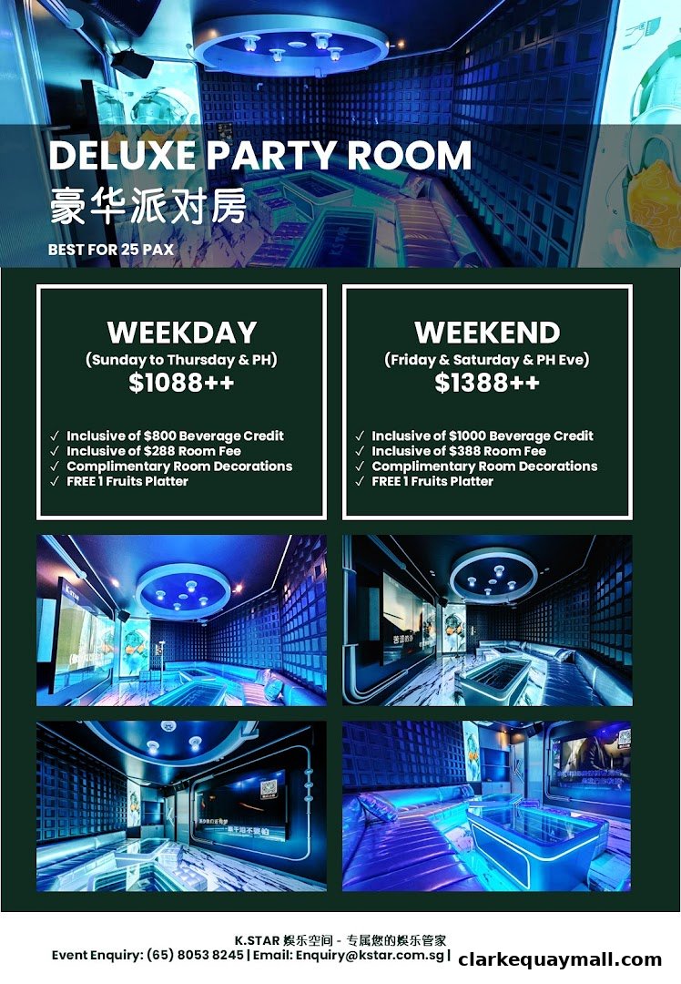 Image showcases deluxe party room packages with pricing for weekdays and weekends.
