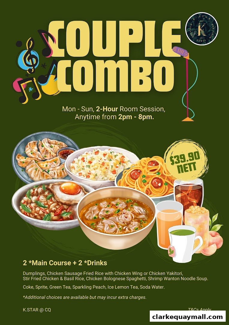 A promotional poster for K.STAR's Couple Combo, featuring food and drinks with pricing and session details.