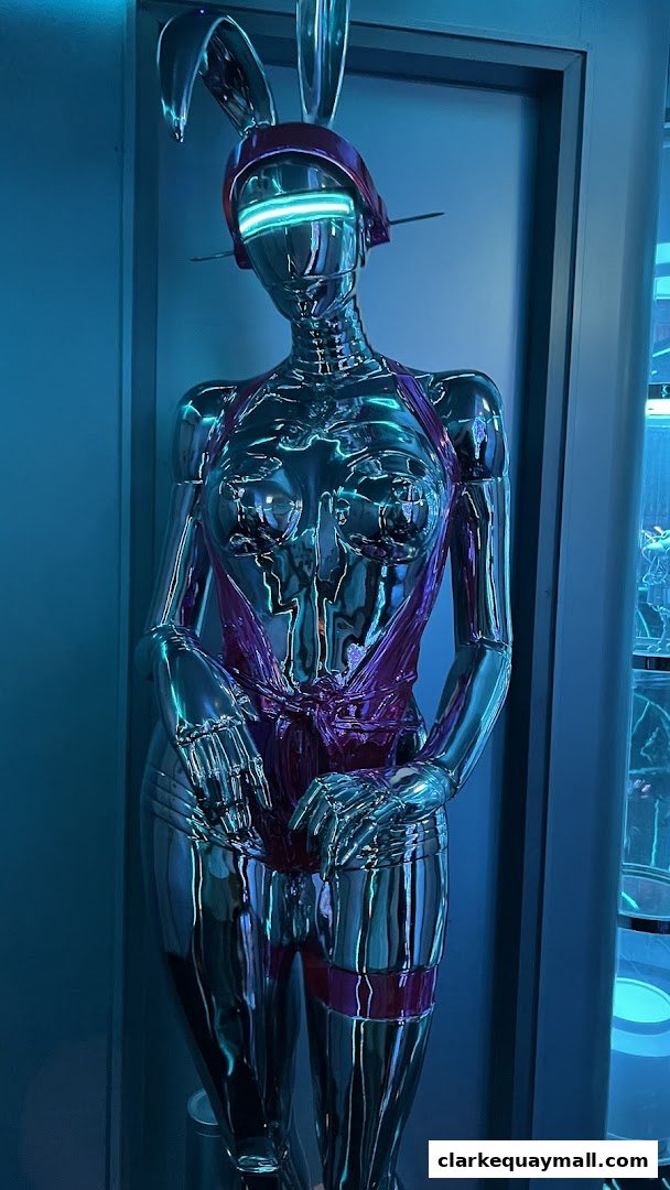 A chrome mannequin with bunny ears and a glowing visor, dressed in a metallic outfit.