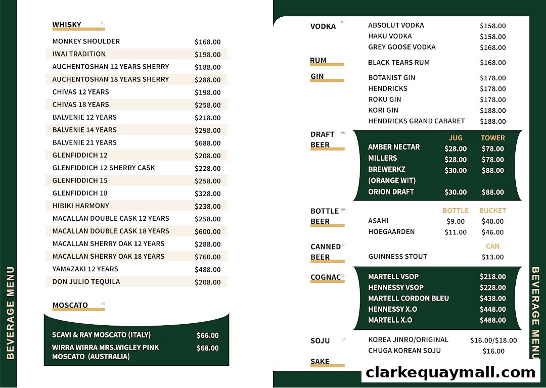 A beverage menu featuring a wide selection of whiskies, vodkas, gins, beers, cognacs, soju, and sake.