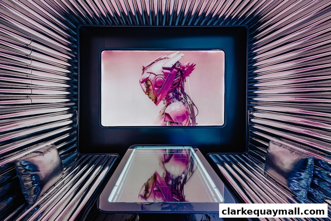 Futuristic interior with a screen displaying a person in pink cybernetic armor.