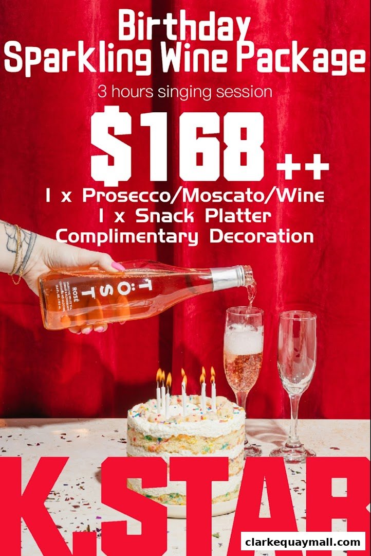A birthday package featuring sparkling wine, a cake, and singing session at K.STAR.