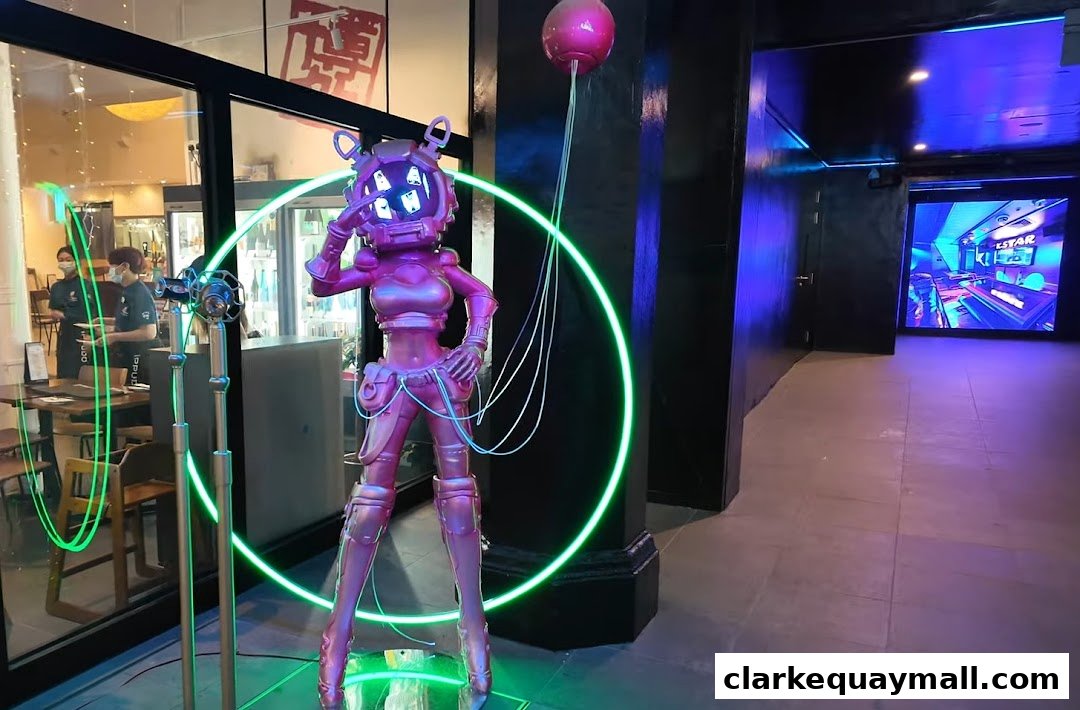 A futuristic pink robot statue with neon green accents stands in front of a shop.