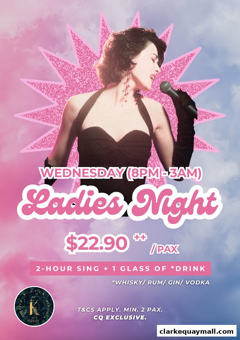 A poster advertises a Ladies Night event with a singer and special offer.