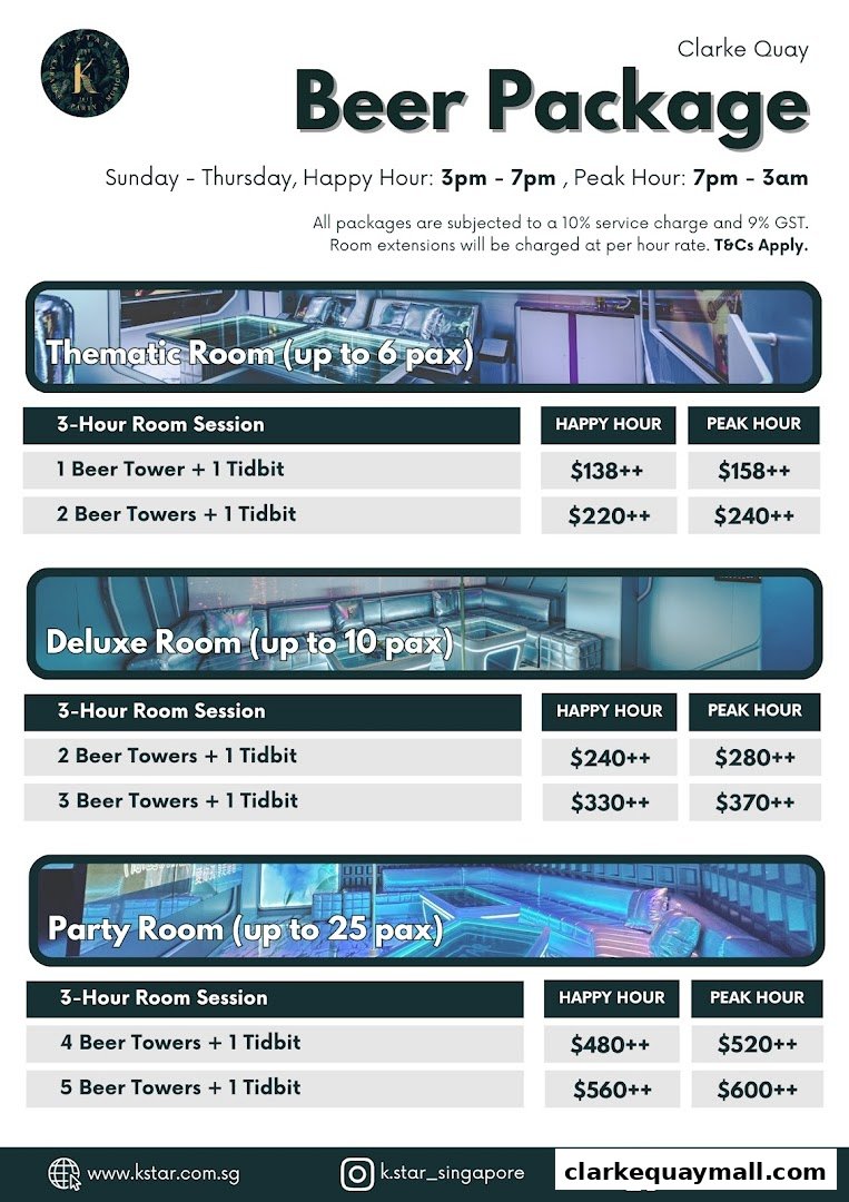 A menu for K.STAR Clarke Quay's beer packages, detailing room options and pricing.