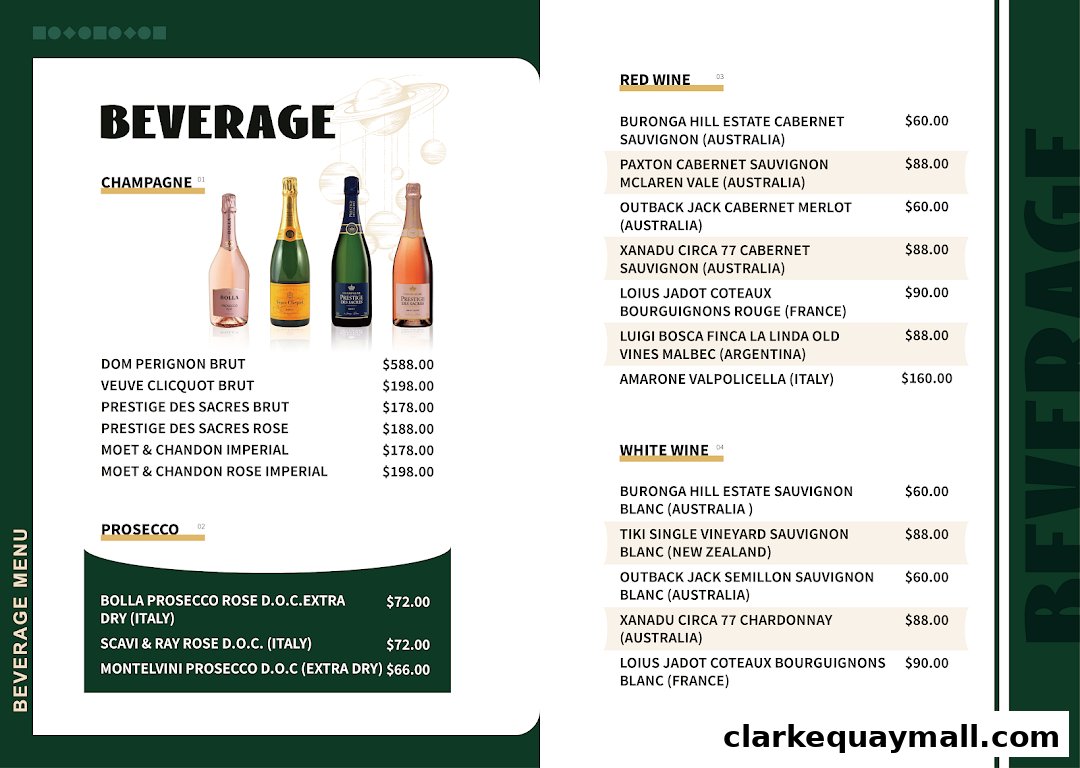 A beverage menu featuring champagne, prosecco, red wine, and white wine selections with prices.