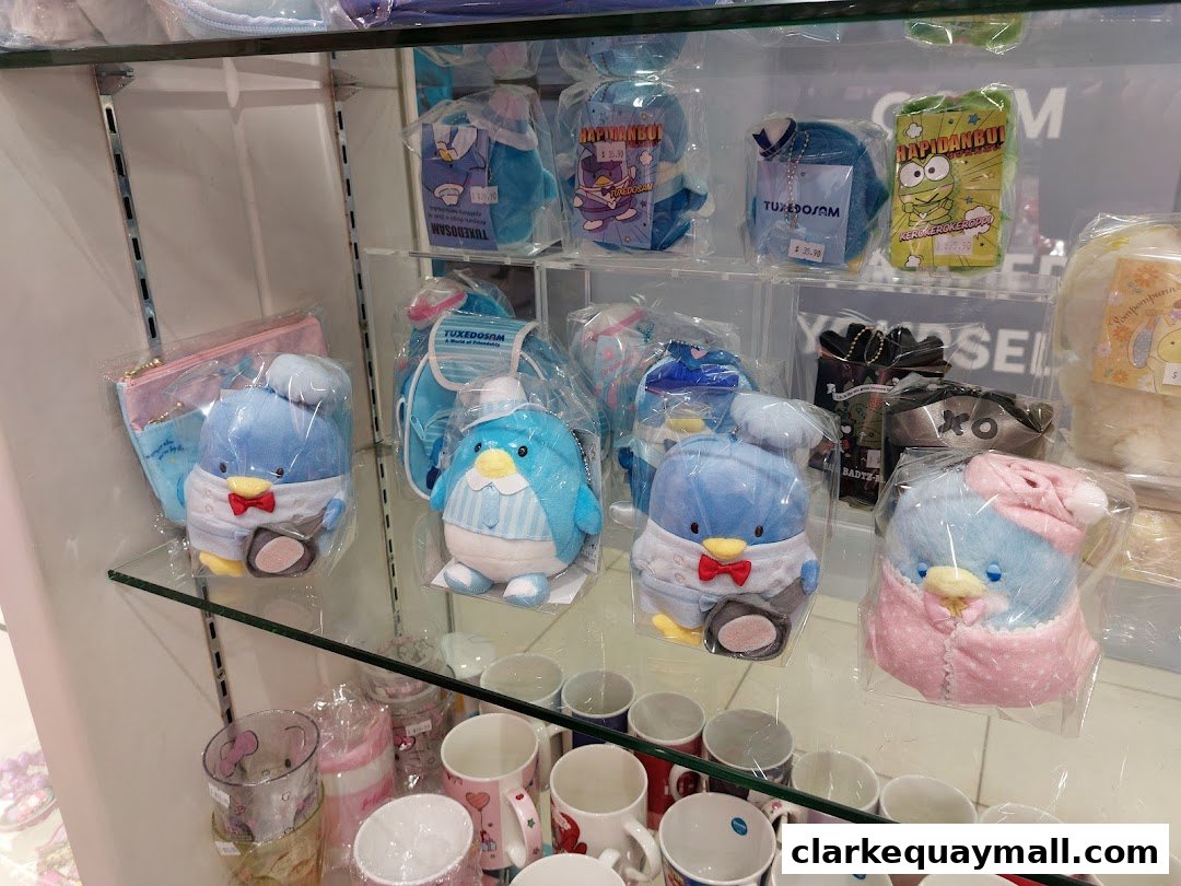Shelves filled with cute plush toys and accessories, featuring penguins and other characters.