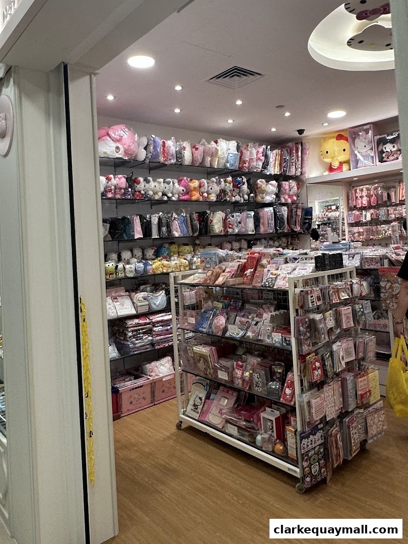 Interior of a shop filled with Hello Kitty merchandise, including plush toys and accessories.