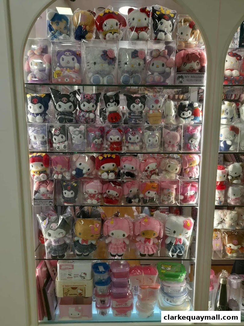 Shelves filled with Sanrio character plush toys and storage containers.