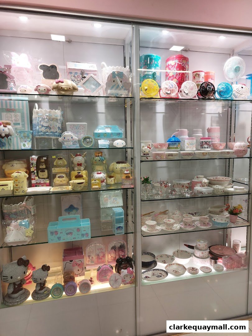 Display shelves filled with cute character-themed gifts, home decor, and kitchenware.