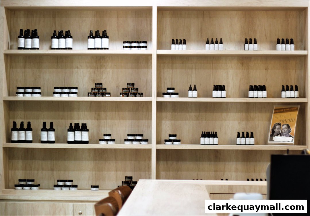 Shelves stocked with various organic skincare products in minimalist packaging.