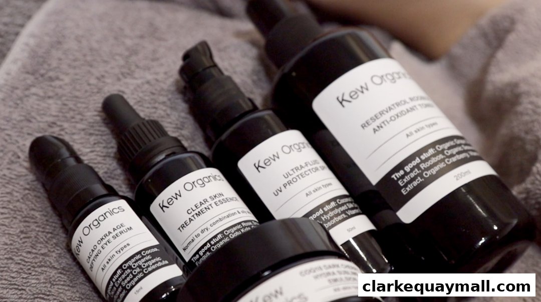 A collection of Kew Organics skincare products, including serums, toners, and creams.