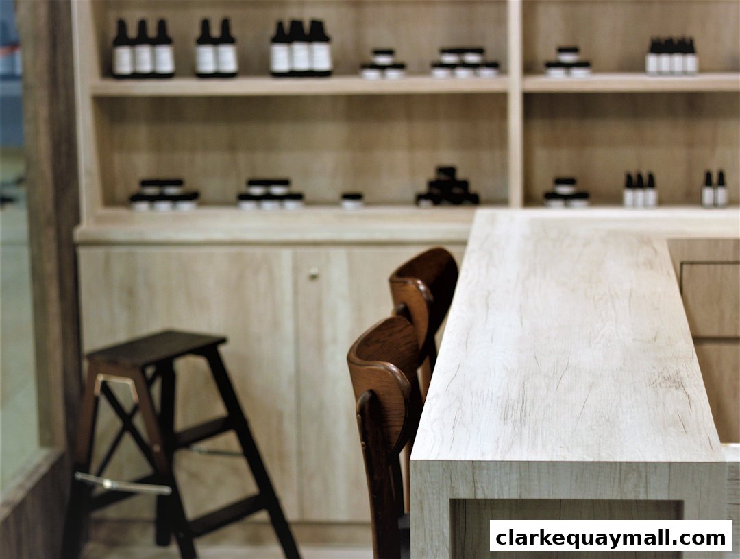 Interior shot of a skincare shop with shelves displaying products and a wooden counter.