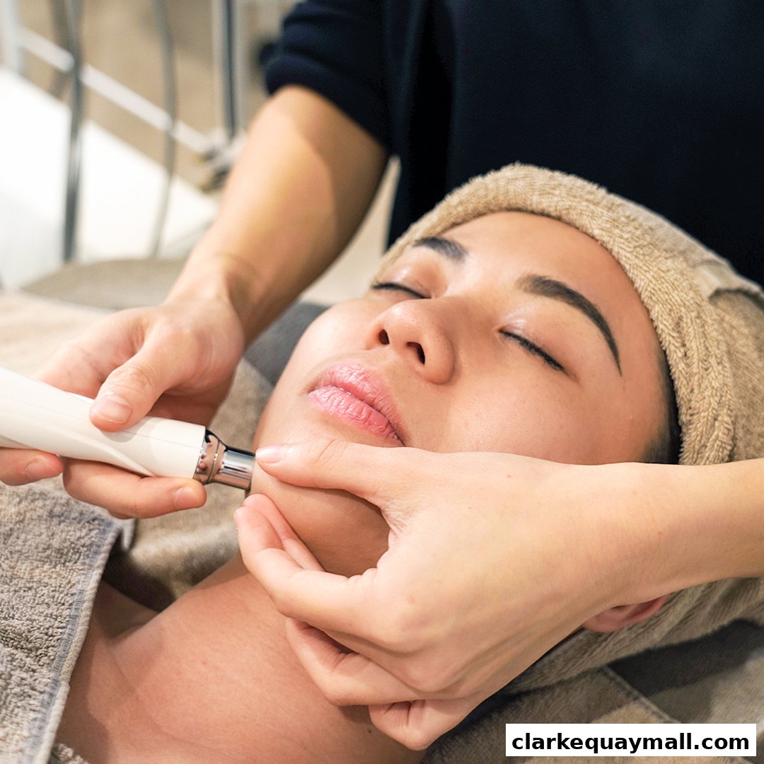 A person receives a facial treatment with a device on their chin.
