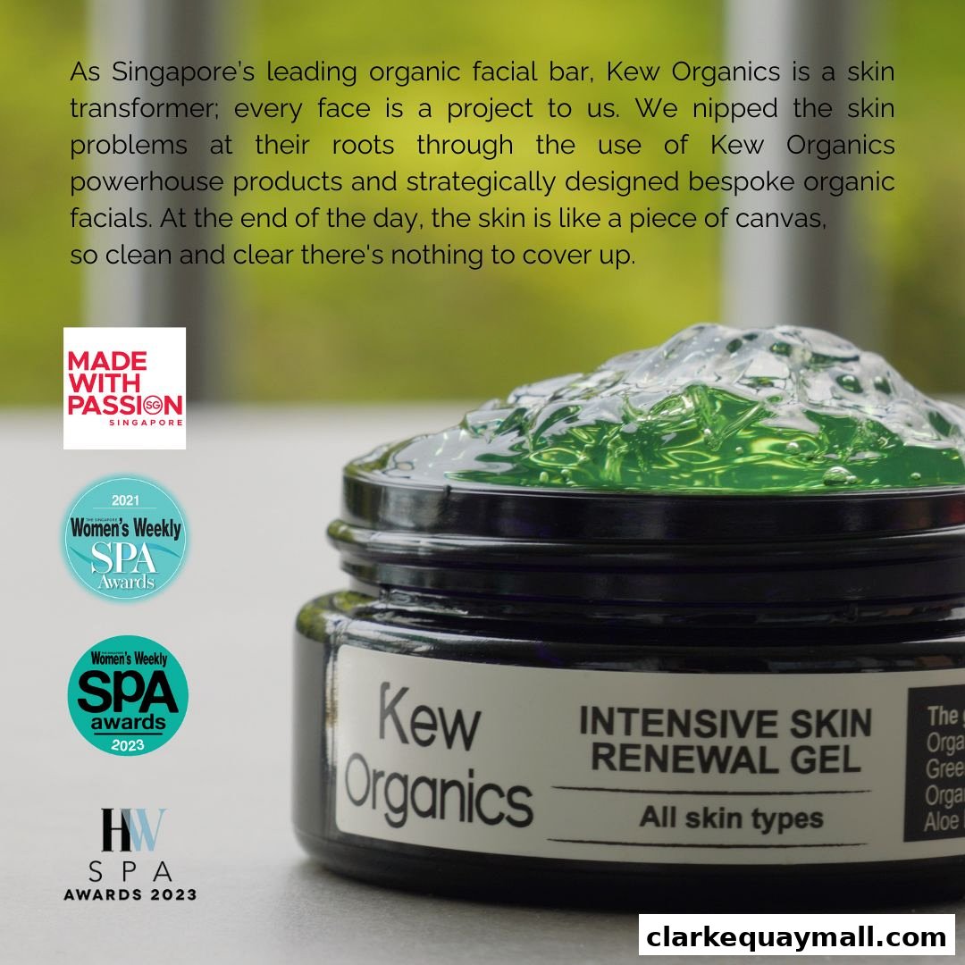 A jar of green organic facial gel with awards and text about the brand.