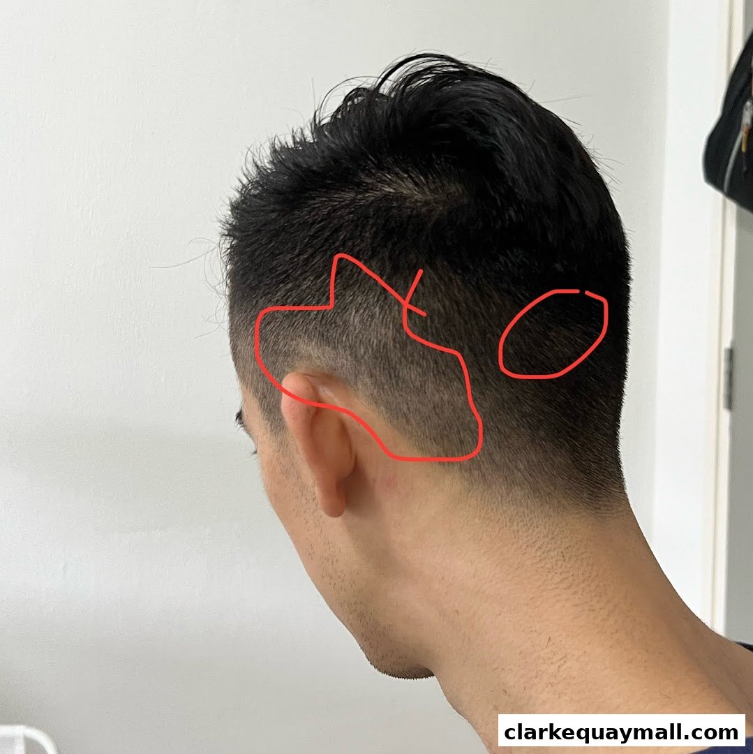 A close-up view of a man's haircut with red markings indicating areas for styling.