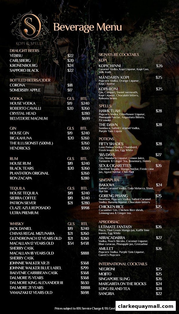 A beverage menu for Kopi & Spells featuring cocktails, beers, spirits, and whiskies with prices.