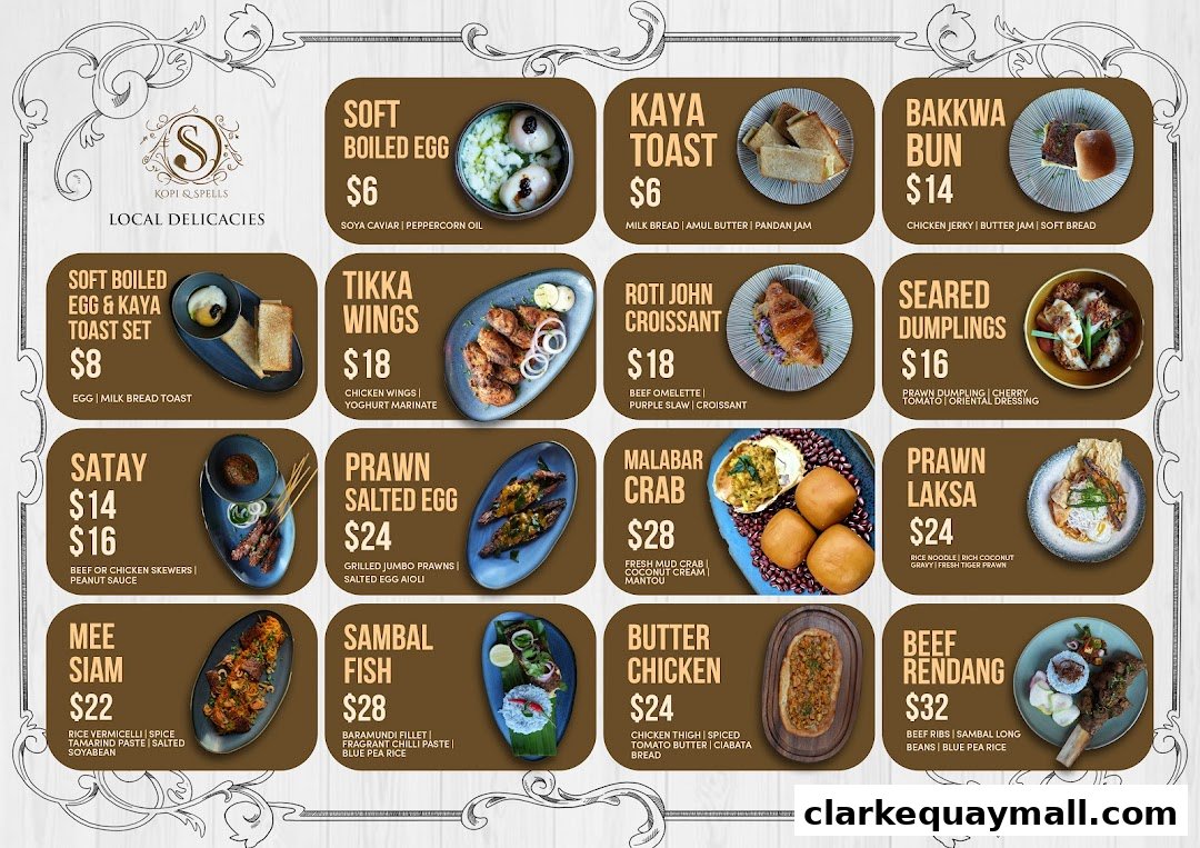 A menu showcasing various local delicacies from Kopi & Spells, with enticing food photography.
