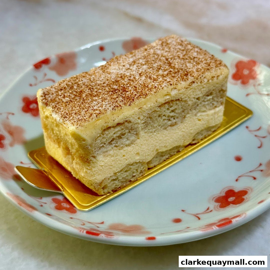 A slice of tiramisu cake dusted with cocoa powder on a decorative plate.