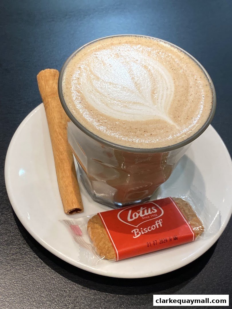 A close-up of a latte with latte art, a cinnamon stick, and a Biscoff cookie.