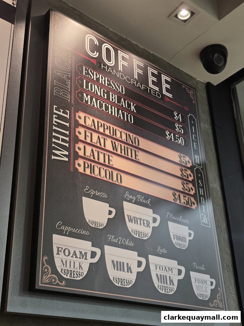A coffee menu board with various espresso-based drinks and their prices.