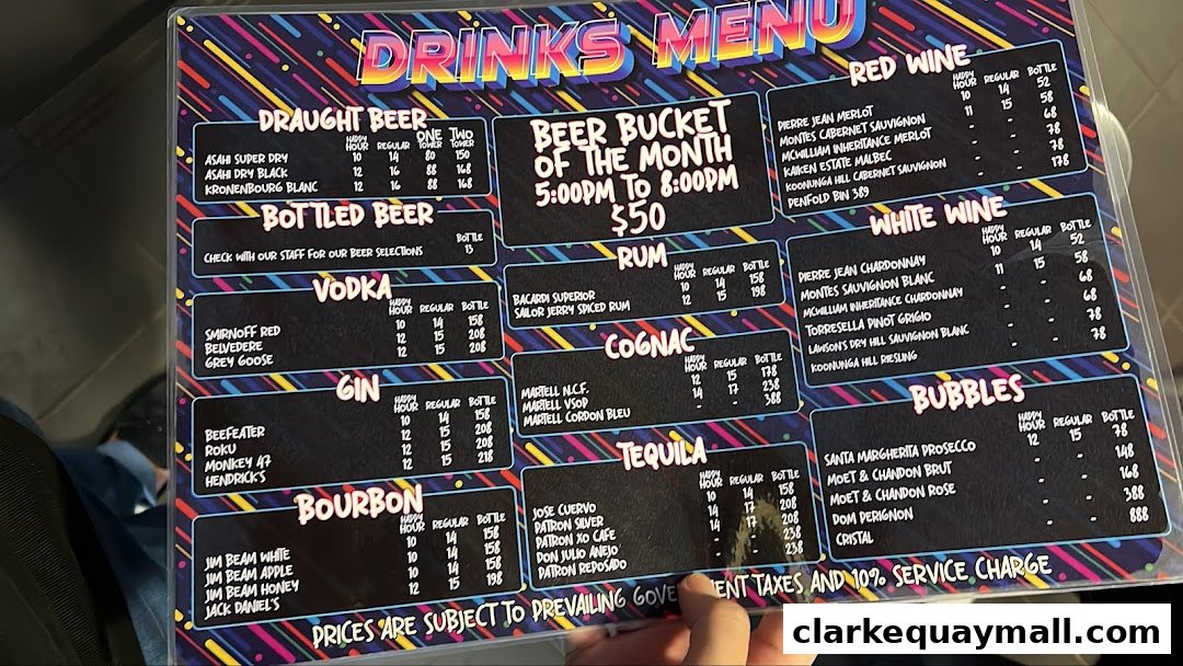 A drinks menu featuring various categories like beer, vodka, gin, bourbon, rum, cognac, tequila, wine, and bubbles.