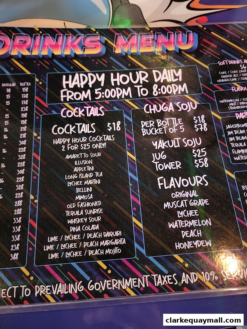 A colorful menu for a bar featuring cocktails, soju, and various drink flavors.
