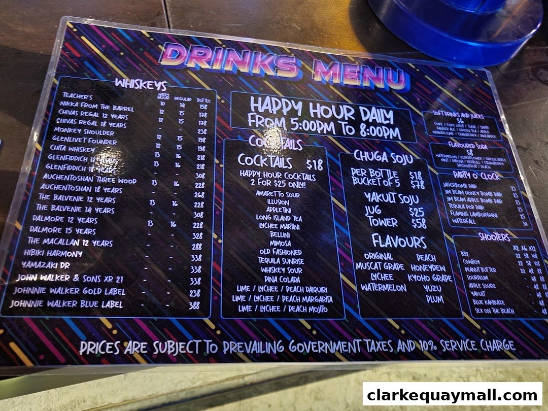 A drinks menu featuring whiskies, cocktails, soju, shooters, and party packages.