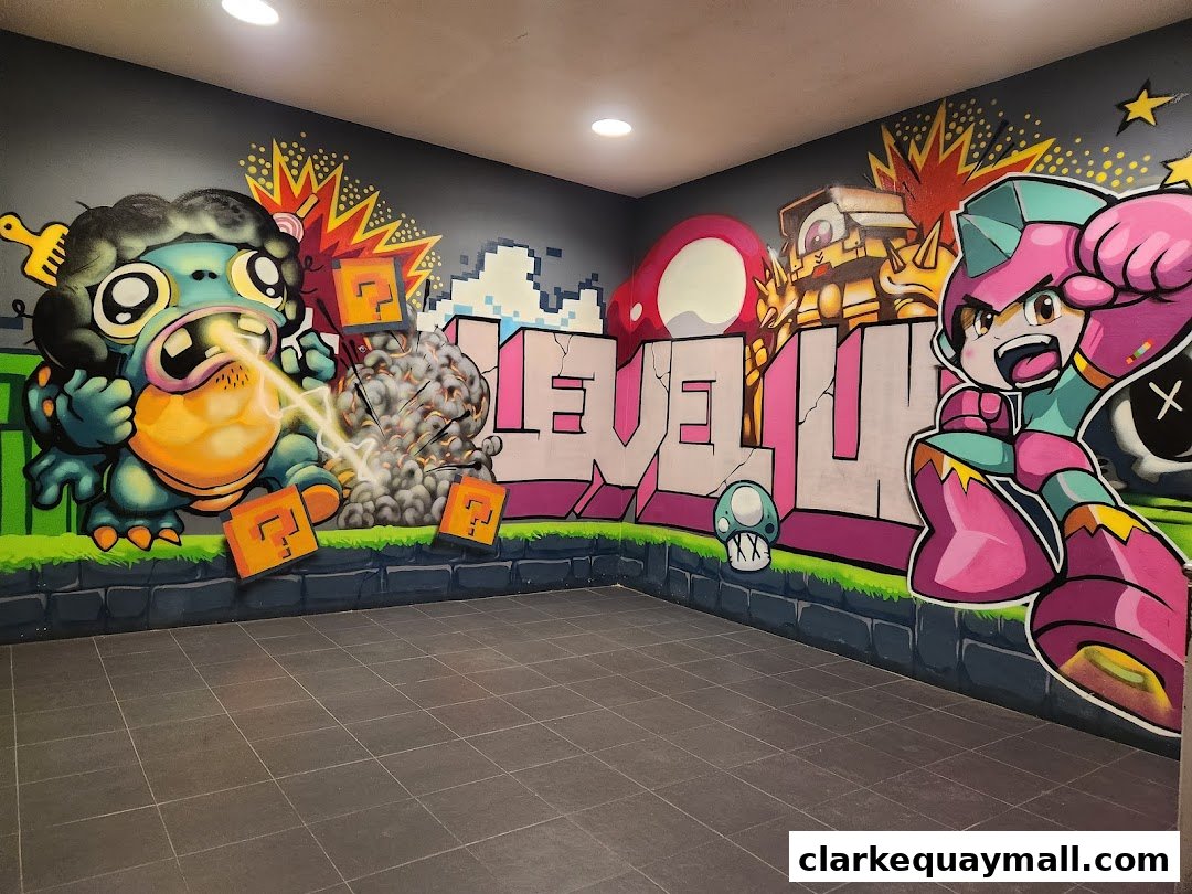 Vibrant graffiti art featuring video game characters and the shop name 'Level Up'.