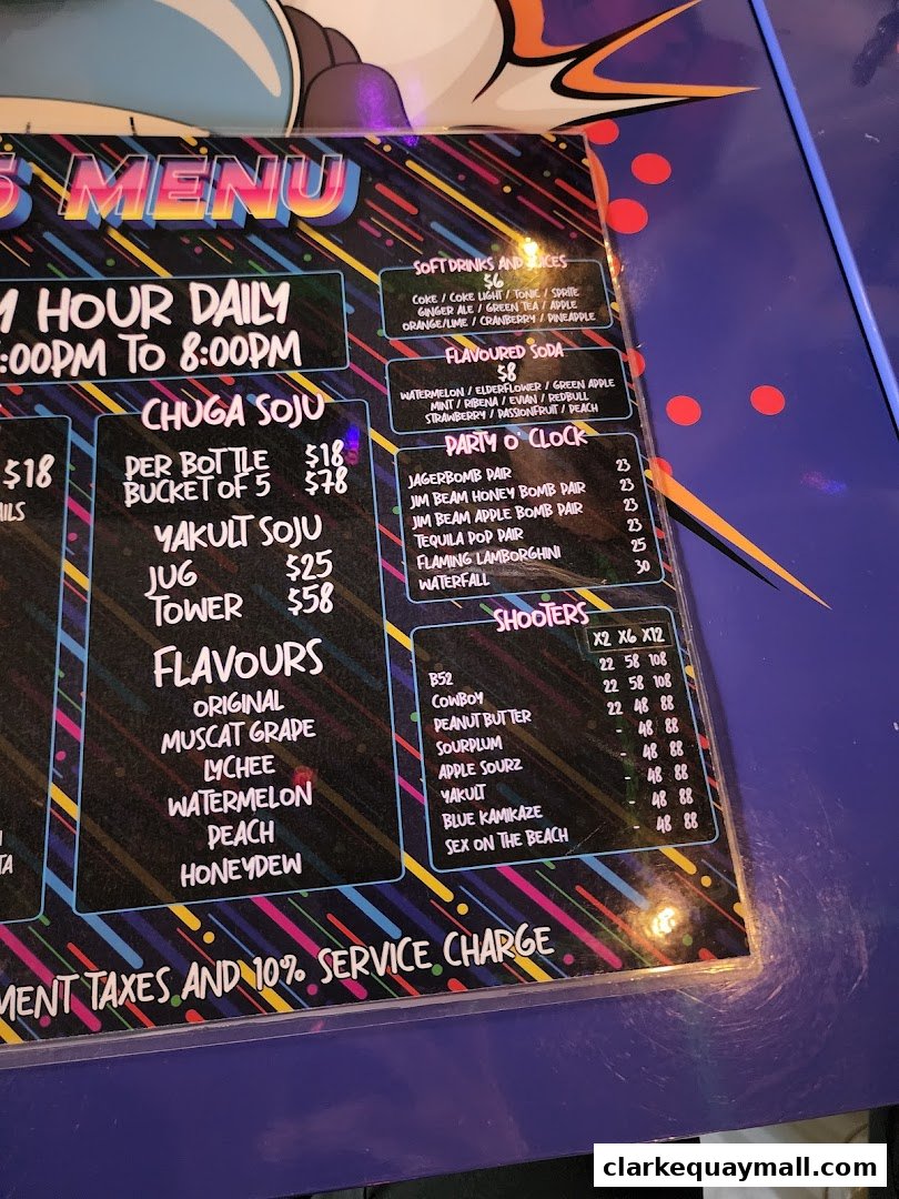 A colorful menu for Level Up featuring drinks like Chuga Soju, Yakult Soju, and various shooters.