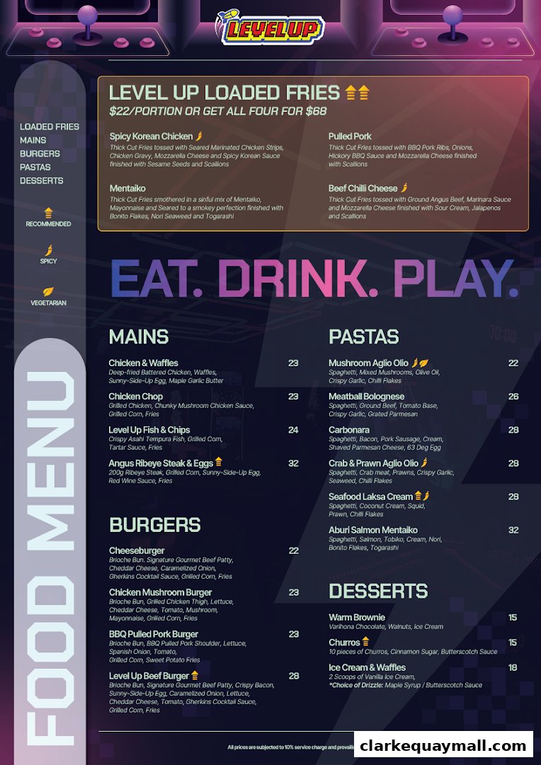 A colorful menu for Level Up, featuring loaded fries, mains, burgers, pastas, and desserts.